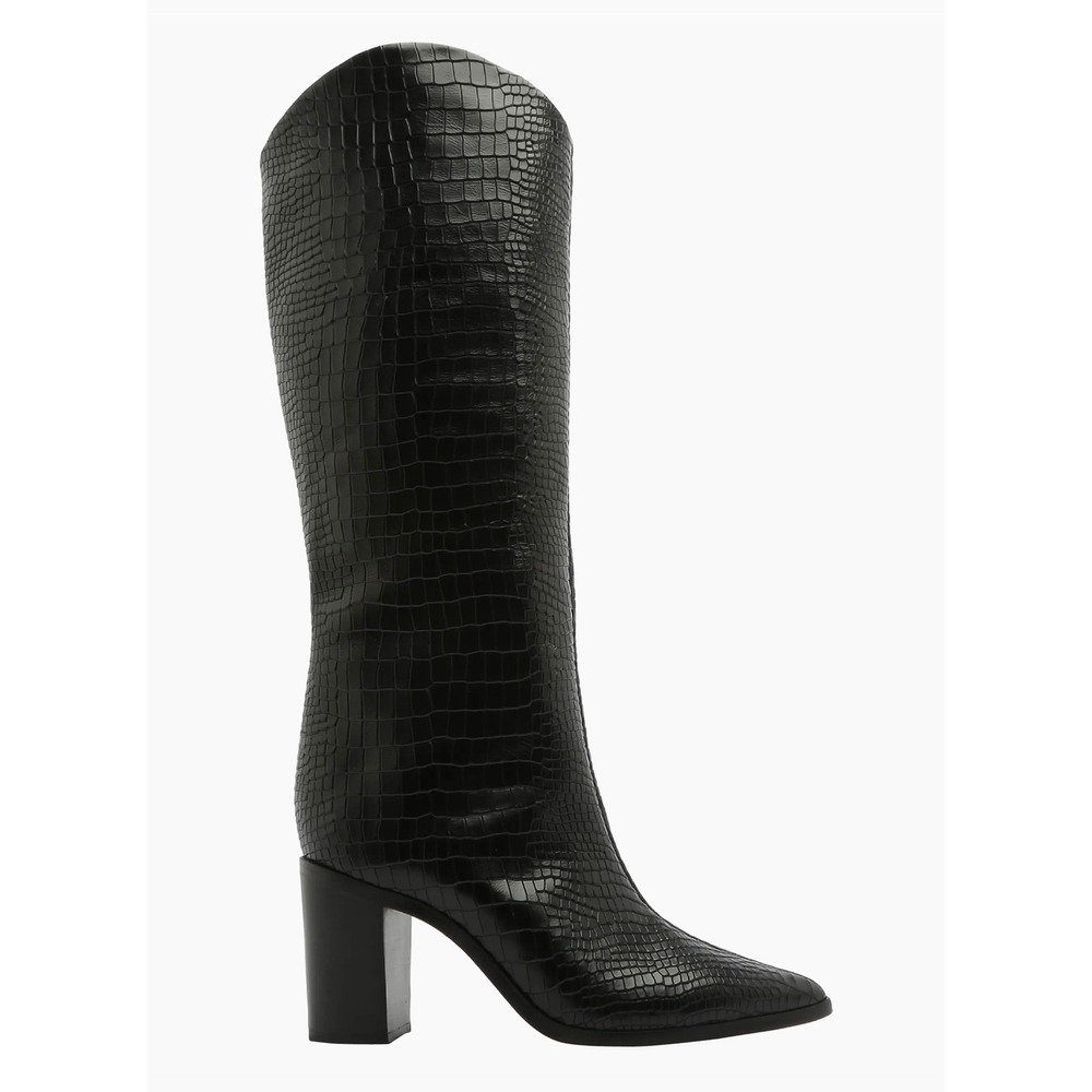New! Schutz Maryana Croc-Embossed Knee High Block Heel Boot Black Sz 9
